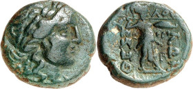 THESSALIEN. 
THESSALISCHE LIGA. AE-Tetrachalkon 18mm (168/44 v. Chr.) 6,55g. Kopf des Apollon mit Lorbeerkranz n. r. / QESSA-LWN Athena Itonia steht ...