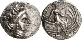 EUBOIA. 
STÄDTE. 
HISTIAIA (Orei). Tetrobolon (178/168 v.Chr.) 1,67g. Histiaiakopf m. Weinlaub n.r. / ISTI -AIE WN Histiaia sitzt n.r. auf Galeerenb...
