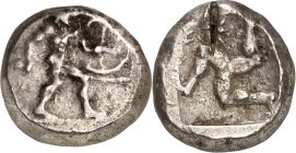 PAMPHYLIEN. 
STÄDTE. 
ASPENDOS (Balcesu). Stater (465/430 v.Chr.) 10,92g. Nackter Krieger schreitet mit Helm, Rundschild und Lanze n.r. ./ E S(TF) T...