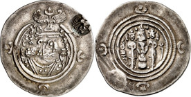 HEPHTHALITEN (Weisse Hunnen). 
Hunnische Kontermarken auf sasanidischen Drachmen. CHUSRO II. 590-628. Drachmen-Beischlag, 3,93g. Vs.-Randgegenstempel...