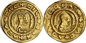 AXUM (Äthiopien). 
E(s)bana um 450 n.Chr. "Stater" 1,53g. Büste in Ornat m. Tiara zw. Ähren n.r., hält Zweig; C + CIS + C LX + L CL + / Trugschrift f...