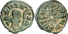AXUM (Äthiopien). 
(Za)Wazen(az) (S)agad um 600-625 n.Chr. AE-"Drachme" 17mm 1,27g. Büste in Ornat mit Kappe und vorgehaltener Ähre n.r. (geez:) "lah...