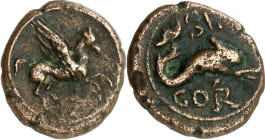 ACHAIA. 
CORINTHUS, Colonia (Korinth). 
Unter Tiberius 14-37. AE-17mm 3,42g. Pegasos fliegt n.r. / Delphin n.r., oben SE, unten COR. RPC. 1236. . 
...
