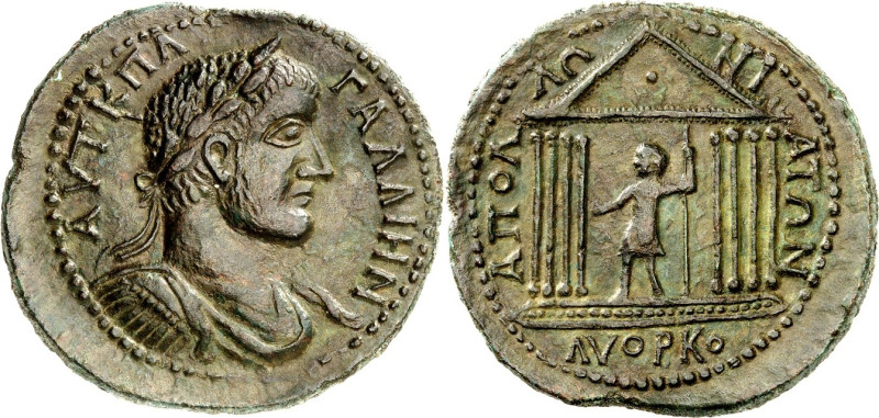 PISIDIEN.
APOLLONIA MORDIAION.
Gallienus 253-268. AE-43/40mm 25,16g. Belorbeer...