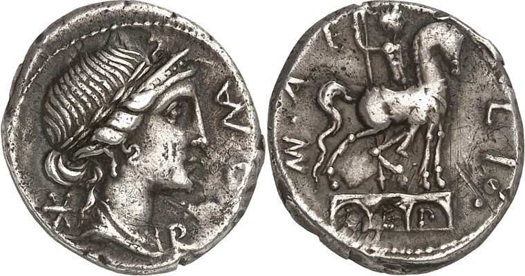 RÖMISCHE REPUBLIK : Silbermünzen. 
Manlius Aemilius Lepidus 114-113 v. Chr. Den...
