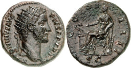 RÖMISCHES KAISERREICH. 
ANTONINUS PIUS Augustus 138-161. AE-Dupondius (145/148) 13,22g. Kopf mit Strahlenkrone n.r. ANTONINVS - AVG PIVS P P TR P / C...
