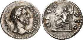 RÖMISCHES KAISERREICH. 
Divus Pius z.Z. Marcus Aurelius 161. Denar 2,68g. Kopf n.r. DIVVS - ANTONINVS / DIVO - PIO Antoninus Pius thront in Toga, mit...