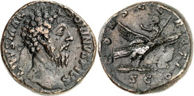 RÖMISCHES KAISERREICH. 
Divus Antoninus, z. Z. Commodus 180. AE-Sesterz (180) 24,79g. Kopf n.r. DIVVS M AN-TONINVS PIVS / CONSECRATIO - S - C Adler f...