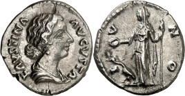 RÖMISCHES KAISERREICH. 
Faustina iunior z.Z. Marcus Aurelius 161-176. Denar 3,02g. Pallabüste n.r. FAVSTINA - AVGVSTA / I-V-N-O Iuno steht n.l.; l. P...