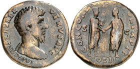 RÖMISCHES KAISERREICH. 
LUCIUS VERUS 161-169. AE-Sesterz (162) 22,14g. Kopf n.r. IMP CAES L AVREL - VERVS AVG /[CONCORD [AVGVST] OR TR P II - COS II ...