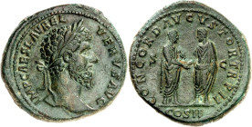 RÖMISCHES KAISERREICH. 
LUCIUS VERUS 161-169. AE-Sesterz (162) 23,37g. Kopf mit Lorbeerkranz n.r. IMP CAES L AVREL VERVS AVG / CONCORD AVGVSTOR TR P ...