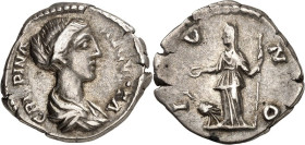 RÖMISCHES KAISERREICH. 
Crispina, Gemahlin des Commodus 177-182. Denar (180/182) 3,24g. Pallabüste n.r. CRISPINA - AVGVSTA / I-V-N-O Iuno steht n.l.;...