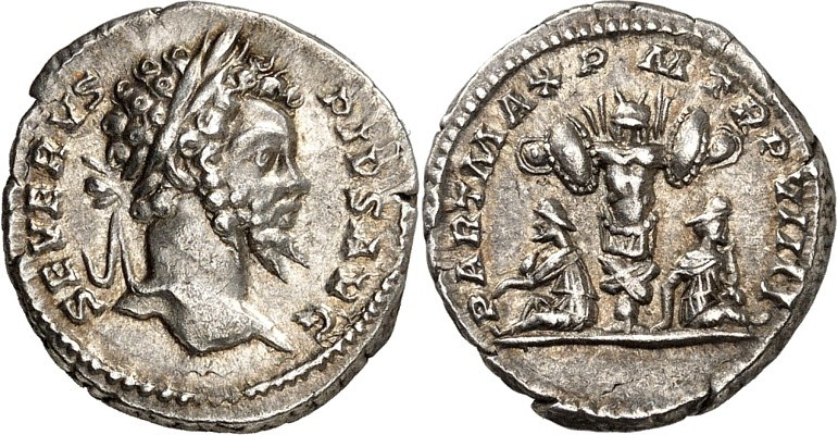 RÖMISCHES KAISERREICH. 
SEPTIMIUS SEVERUS 193-211. Denar (201) 3,35g. Kopf m. L...