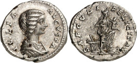 RÖMISCHES KAISERREICH. 
Iulia Domna als Gemahlin des Sept. Severus 193-211(+217). Denar (202) 3,46g. Pallabüste n.r. IVLIA - AVGVSTA / SAECVLI - FELI...