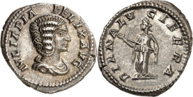 RÖMISCHES KAISERREICH. 
Iulia Domna als Mutter des Caracalla 212-217. Denar (214) 2,89g. Pallabüste n.r. IVLIA PIA - FELIX AVG / DIANA LVCIFERA Diana...