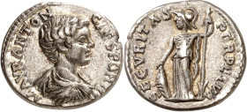 RÖMISCHES KAISERREICH. 
Caracalla, Caesar 196-198. Denar (196/197) 3,33g, Laodicea. Paludamentbüste n.r. M AVR ANTON - CAES PONTIF / SECVRITAS - PERP...