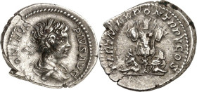 RÖMISCHES KAISERREICH. 
CARACALLA, Augustus 198-217. Denar (202) 3,30g. Büste mit Paludamentum und Lorbeerkranz n.r. ANTONINVS - PIVS AVG / PART MAX ...