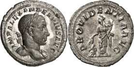 RÖMISCHES KAISERREICH. 
SEVERUS ALEXANDER 222-235. Denar (232/235) 3,22g. Belorbeerte Büste n. r. mit Drapierung über linker Schulter IMP ALEXANDER P...