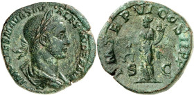 RÖMISCHES KAISERREICH. 
SEVERUS ALEXANDER 222-235. AE-Sesterz (226) 21,08g. Palliumbüste m. Lkr. n.r. IMP CAES M AVR SEV ALEXANDER AVG / P M TR P VI ...