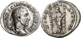 RÖMISCHES KAISERREICH. 
MAXIMINUS I. Thrax 235-238. Denar (235) 3,15g. Frühe Paludamentbüste m. Lorbeerkranz n.r. IMP MAXIMINVS PIVS AVG / FIDES MILI...