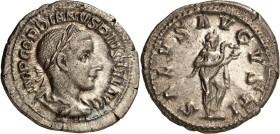 RÖMISCHES KAISERREICH. 
GORDIANUS III. Augustus 238-244. Denar (240) 3,23g. Paludamentbüste m. Lkr. n.r. IMP GORDIANVS PIVS FEL AVG / SALVS AVGVSTI S...