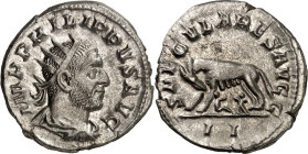 RÖMISCHES KAISERREICH. 
PHILIPPUS I. Arabs 244-249. Antoninian (248) 4,23g. Drapierte Büste mit Strahlenkrone n. r. IMP PHILIPPVS AVGG / SAECVLARES A...