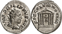 RÖMISCHES KAISERREICH. 
PHILIPPUS I. Arabs 244-249. Antoninian (248/249) 3,70g. Paludamentbüste m. Strkr. n.r. IMP PHILIPPVS AVG / SAECVLVM NOVVM Rom...