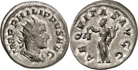 RÖMISCHES KAISERREICH. 
PHILIPPUS I. Arabs 244-249. Antoninian (248/249) 4,00g. Paludamentbüste m. Strkr. n.r. IMP PHILIPPVS AVG / AEQVITAS AVGG Aequ...