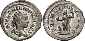 RÖMISCHES KAISERREICH. 
Philippus II., Caesar 244-247. Antoninian (245/247) 3,82g. Palliumbüste m. Strkr. n.r. M IVL PHILIPPVS CAES / PRINCIPI I-VVEN...