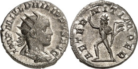RÖMISCHES KAISERREICH. 
PHILIPPUS II., Augustus 247-249. Antoninian (247) 3,97g. Paludamentbüste m. Strahlenkrone n.r. IMP M IVL PHILIPPVS AVG / AETE...