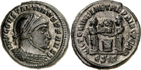 RÖMISCHES KAISERREICH. 
CONSTANTINUS I. der Große, Augustus 306(310)-337. AE-Follis 18mm (317/319) 2,99g, Siscia, 5. Off. Panzerbüste m. Helm u. Lkr....