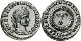 RÖMISCHES KAISERREICH. 
Constantinus II. Caesar 317-337. AE-Follis 18mm (321/324) 2,53g, Siscia, 2. Offizin. Kopf mit Lorbeerkranz n.r. CONSTANTINVS ...