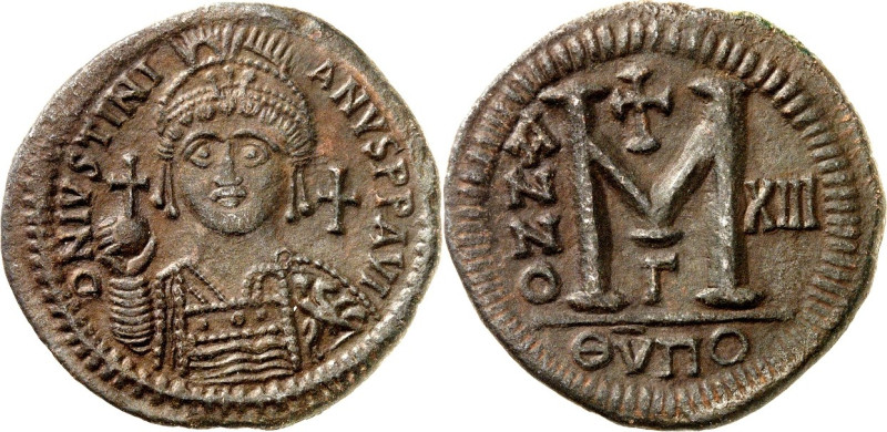 BYZANZ. 
IUSTINIANUS I. 527-565. AE-Follis 39/40mm ("13"= 539/540) 20,14g, Theu...