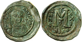 BYZANZ. 
IUSTINIANUS I. 527-565. AE-Follis 38/39mm ("21"=&nbsp;547/548) 20,22g, Nicomedia, 2. Off. Helmbüste v.v. D N IVSTINI-ANVS PP AVC / Wert M zw...