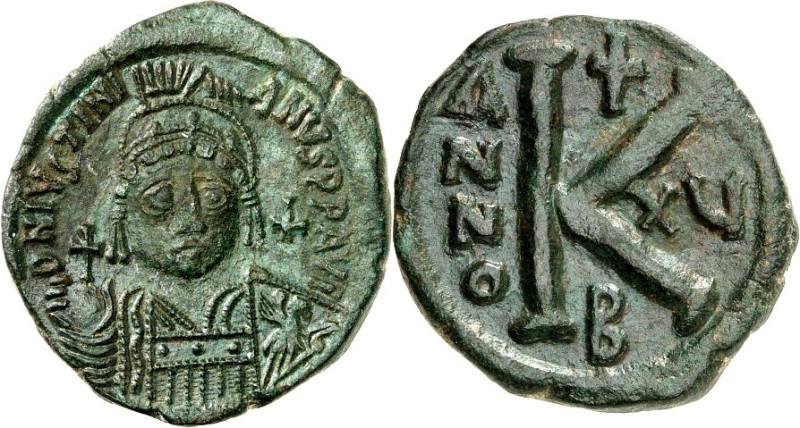 BYZANZ. 
IUSTINIANUS I. 527-565. AE-Halbfollis 28/29mm ("15"=&nbsp;541/542) 10,...