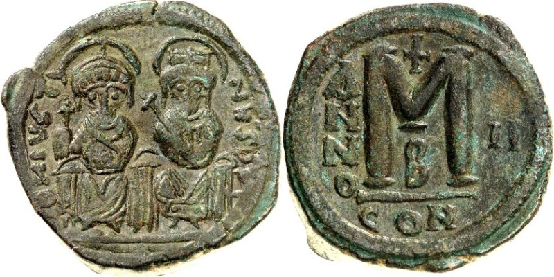 BYZANZ. 
IUSTINUS II. 565-578. AE-Follis 27/28mm ("2"= 566/567) 16,36g, Konstan...