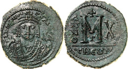 BYZANZ. 
MAURICIUS TIBERIUS 582-602. AE-Follis 27/28mm ("10"= 592/593) 12,00g, Theupolis, 3. Off. Konsularbüste mit Perlendiadem v.v. d N MAV GI - PA...