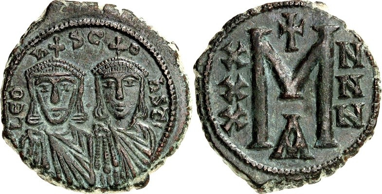 BYZANZ. 
LEON III. mit KONSTANTINOS V. 720-741. AE-Follis 23mm 6,00g, Konstanti...