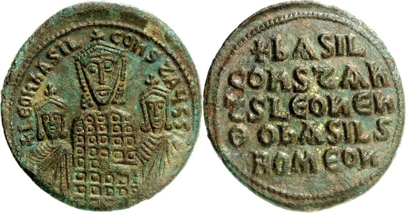 BYZANZ. 
BASILIOS I. mit KONSTANTINOS und LEON (VI.) 870-879. AE-Follis 27/28mm...
