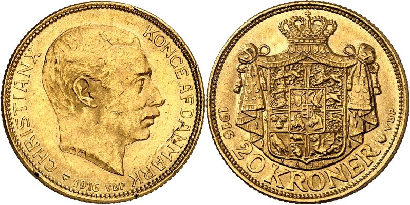 DÄNEMARK. 
Christian X. 1912-1947. 20 Kronen 1916. F. 290, Schl. 85. . 

GOLD...