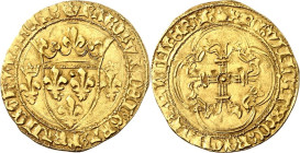 FRANKREICH. 
Henri VI. 1422-1453. Ecu d`ora` la couronne ou ecu neuf Tornai 3,38g Gekröntes Lilienschild zw. 2 gekrönten Lilien / Lilienkreuz im Vier...