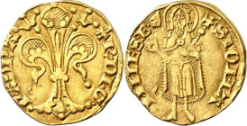 FRANKREICH. 
ORANGE. 
Raymond IV. 1340-1393. Floren o.J. 3,53g, Mmz. Helm. Lilie / Johannes der Täufer steht v.v. Boudeau&nbsp; 983, Fr.&nbsp; 189, ...