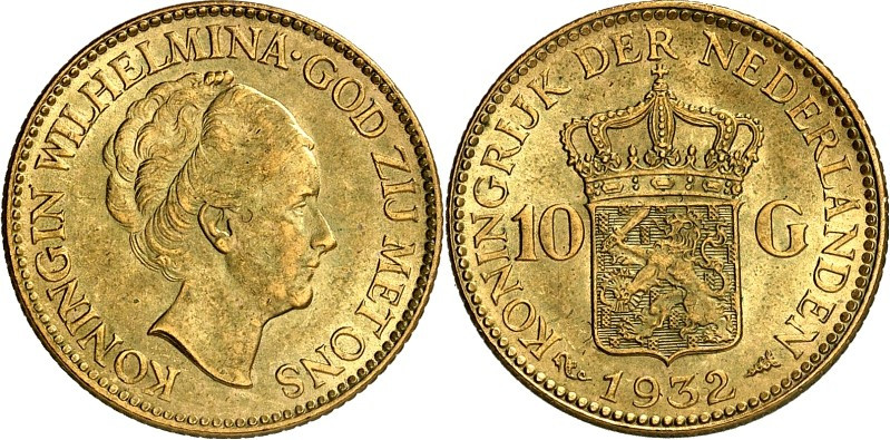 NIEDERLANDE. 
KÖNIGREICH. 
Wilhelmina 1890-1948. 10 Gulden 1932. Fr.&nbsp; 351...