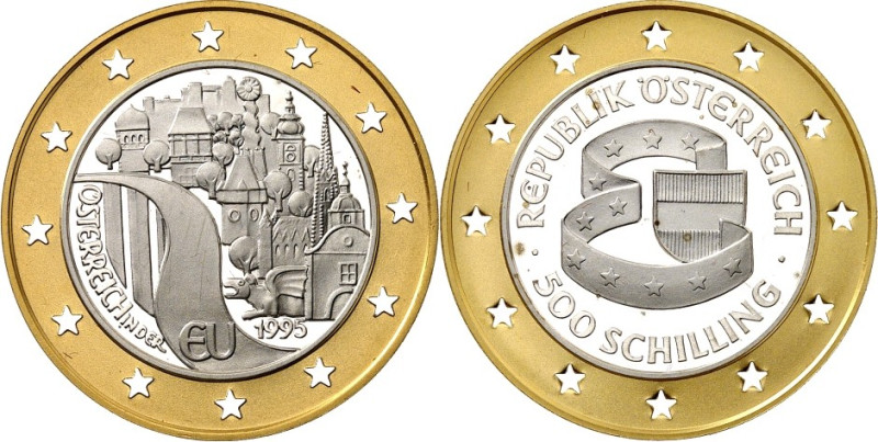 ÖSTERREICH. 
2. Republik seit 1945. 500 Schilling 1995 Au/Ag EU-Beitritt, 8,11g...