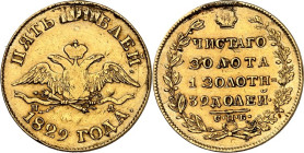 RUSSLAND. 
ZARENREICH. 
Nikolaus I. 1825-1855. 5 Rubel 1828 PD / CIIb. Fr.&nbsp; 137, Schlumb.&nbsp; 27. . 

GOLD Hksp.,ss