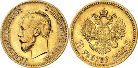 RUSSLAND. 
ZARENREICH. 
Nikolaus II. 1894-1917. 10 Rubel 1902 A-P. Schlumb.&nbsp; 208, Fr.&nbsp; 161, Kaim&nbsp; 370. . 

GOLD vz-