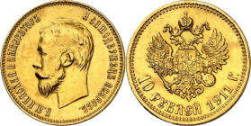 RUSSLAND. 
ZARENREICH. 
Nikolaus II. 1894-1917. 10 Rubel 1911 3b. Schlumb.&nbsp; 214, Fr.&nbsp; 161, Kaim&nbsp; 370. . 

GOLD vz