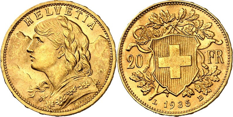 SCHWEIZ. 
EIDGENOSSENSCHAFT. 
20 Franken 1935 L-B. Fr. 499, Schl. 49. . 

GO...