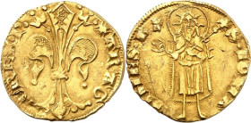 SPANIEN - ARAGON, KÖNIGREICH. 
ARAGON Königreich. 
PEDRO II. 1336- 1387. Florin Bz. Turm 3,43g Valencia Gold Lilie/ Steh. St. Johannes .Gold. Cayon ...