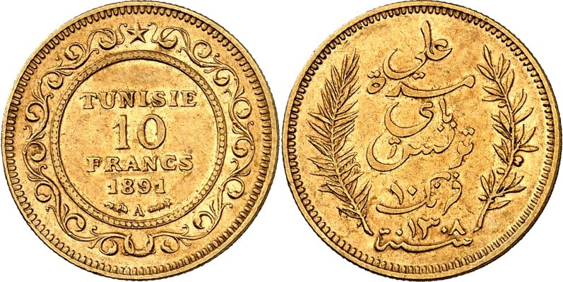 TUNESIEN. 
Französ. Protektorat. 10 Francs 1891. F. 13. . 

GOLD vz-